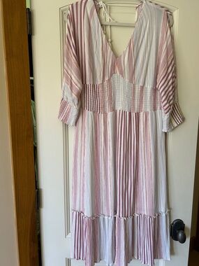 glam Pink and White Striped Pleated Dress